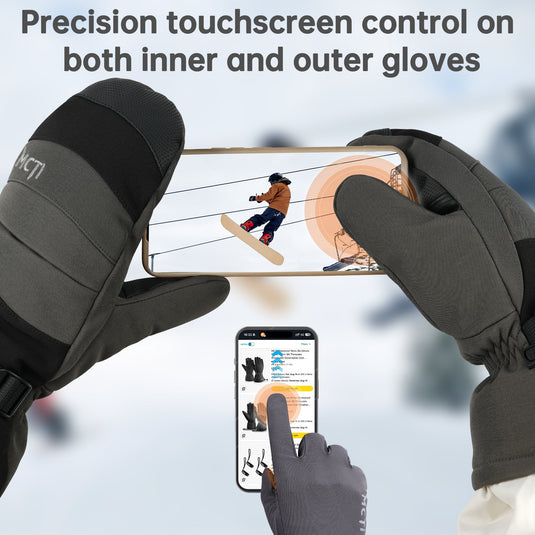 MCTi 2 in 1 Winter Ski Gloves for Men, Waterproof Snowboard Gloves, Thick Ski Mittens & Fleece Glove Liners, 2 Pairs MCTi