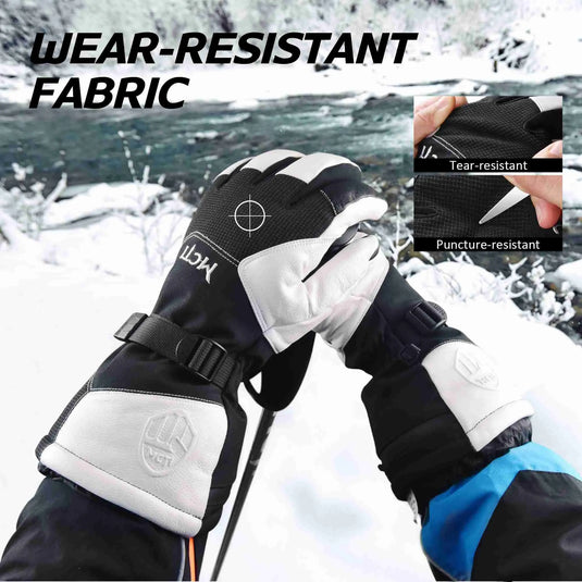 MCTi Leather Ski Gloves Men's Waterproof Touch Screen Long Gauntlet for Snowboarding Mountaineering MCTi