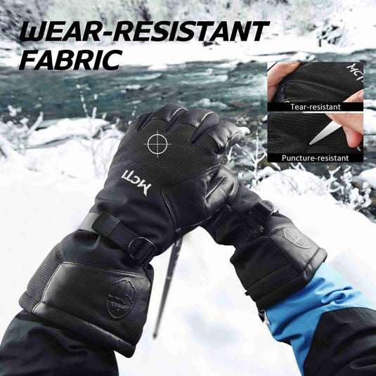 MCTi Leather Ski Gloves Men's Waterproof Touch Screen Long Gauntlet for Snowboarding Mountaineering MCTi