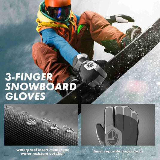 MCTi Snowboard Gloves with Wrist Guard 3-Finger Kevlar Gloves Waterproof for Winter Snow Skiing MCTi