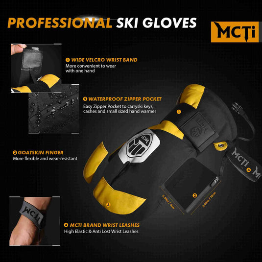 MCTi Snowboard Gloves with Wrist Guard 3-Finger Kevlar Gloves Waterproof for Winter Snow Skiing MCTi