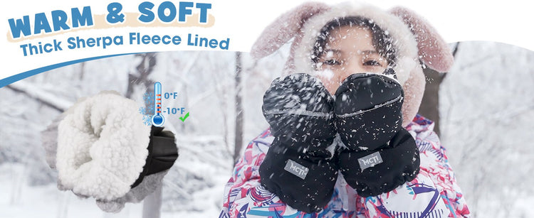 Little girl wearing MCTI Kids Mittens with String, providing warmth and comfort in snowblowing -10°F weather with soft sherpa lining