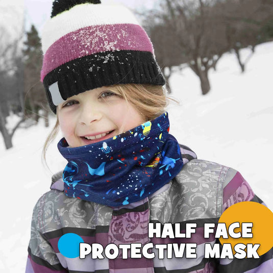 Little girl wearing MCTI Kids Winter Neck Gaiter's half-face protective mask for winter warmth and comfort.