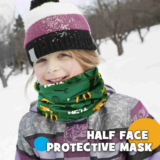 Little girl wearing MCTI Kids Winter Neck Gaiter in monkey color: Half-face protective mask for winter warmth and comfort.