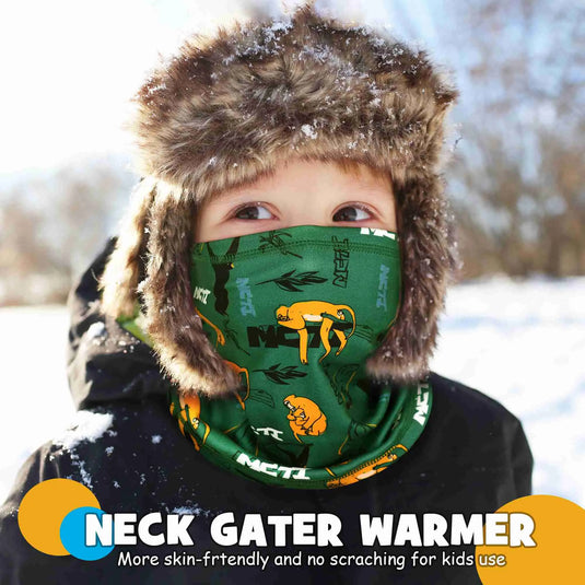 Little girl wearing MCTI Kids Winter Neck Gaiter in monkey color: Neck gaiter warmer that's skin-friendly and non-scratching for kids."