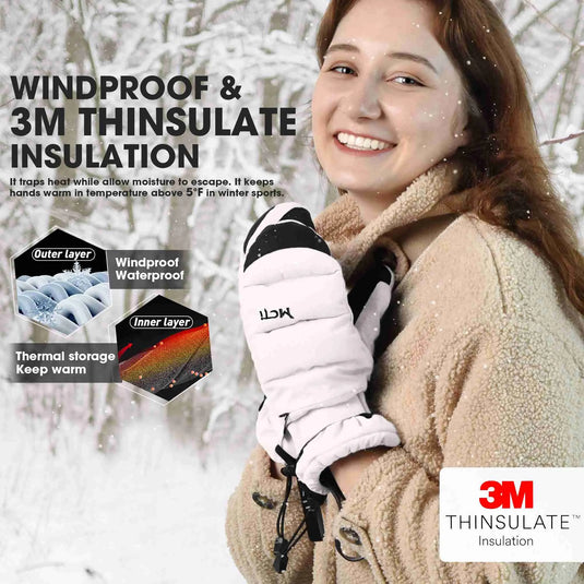 Woman wearing MCTI White Quilted Style Mittens in winter forest snow scene, showcasing 3M padded cotton and insulation lining for warmth.