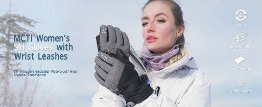 MCTi Women's Warm Ski Gloves: wrist leashes design, warm, breathable, lightweight.