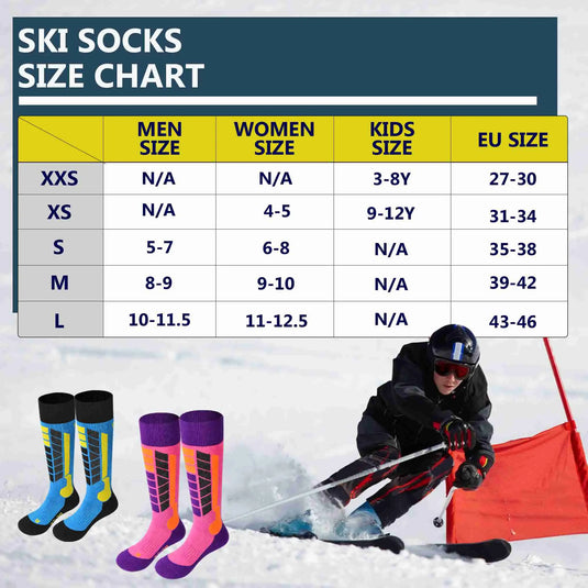 SOARED Cotton Ski Socks size chart, suitable for various age groups.
