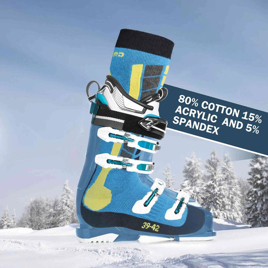 SOARED Cotton Ski Socks in ski boots, 80% cotton, 15% acrylic, 5% spandex.