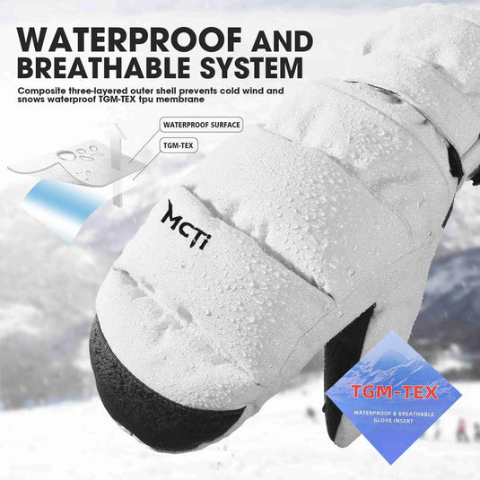 Waterproof white mittens: High breathability, 10000mmH2O water pressure, 8000g/24h/m² moisture permeability. Stay warm and dry in snow, rain.