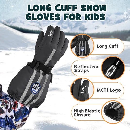 MCTi Kids Gloves Waterproof Winter Warm Snow Ski Gloves Long Cuff Fleece Lined with Reflective Strap MCTi