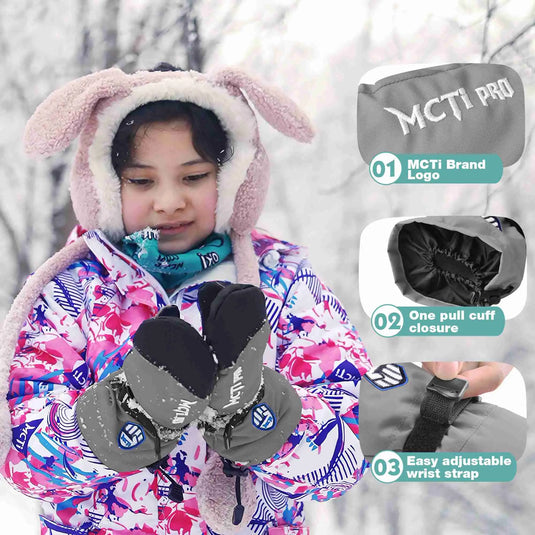 MCTi Kids Mittens Waterproof Winter Ski Warm Sherpa Fleece Lined Removable Insert MCTi