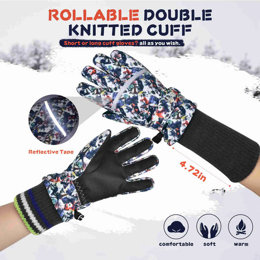 MCTi Kids Ski Gloves Waterproof Long Knitted Cuff Winter Snow Gloves MCTi