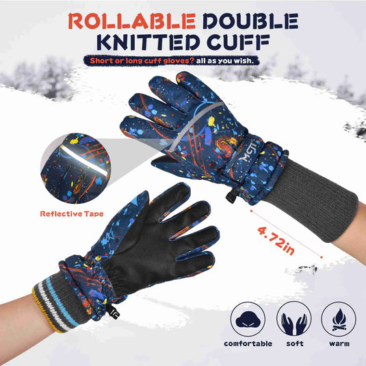 MCTi Kids Ski Gloves Waterproof Long Knitted Cuff Winter Snow Gloves MCTi