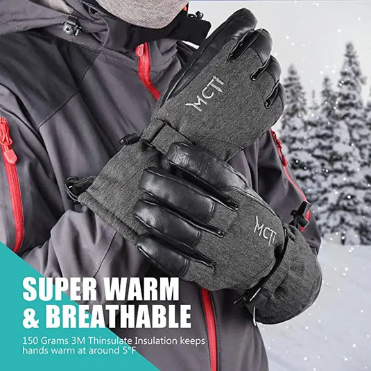 MCTi Ski Gloves Winter Waterproof Snowboard Snow Warm 3M Thinsulate PU Leather Cold Weather Gloves for Mens MCTi