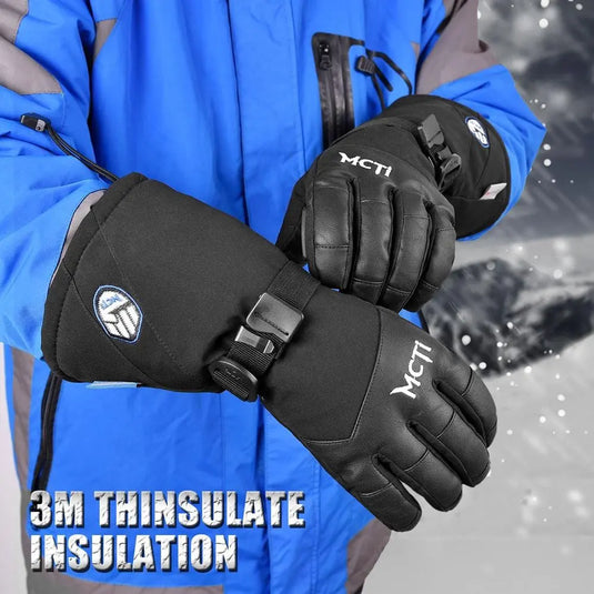 MCTi Waterproof Ski Snowboard Gloves Touchscreen PU Leather Winter Gloves with Wrist Leashes