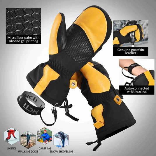 MCTi Ski Mittens Leather Mitten Winter Cold Weather Waterproof Snow Mitt for Men MCTi