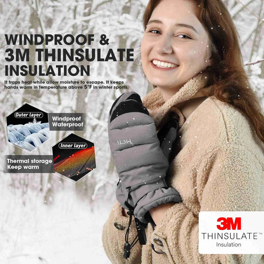 MCTi Ski Mittens Women's Snow Mitten Touch Screen Waterproof Insulated Quilted Mitts with Hidden Zipper MCTi